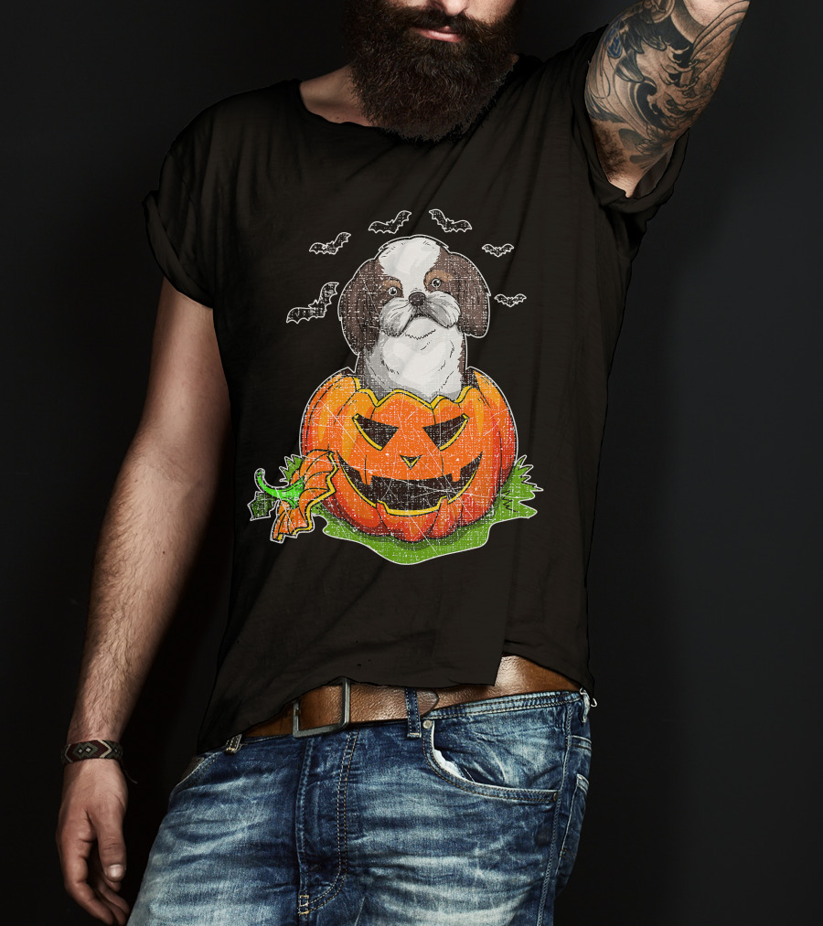 Cute Shih Tzu In Halloween Pumpkin With Bats T-Shirt