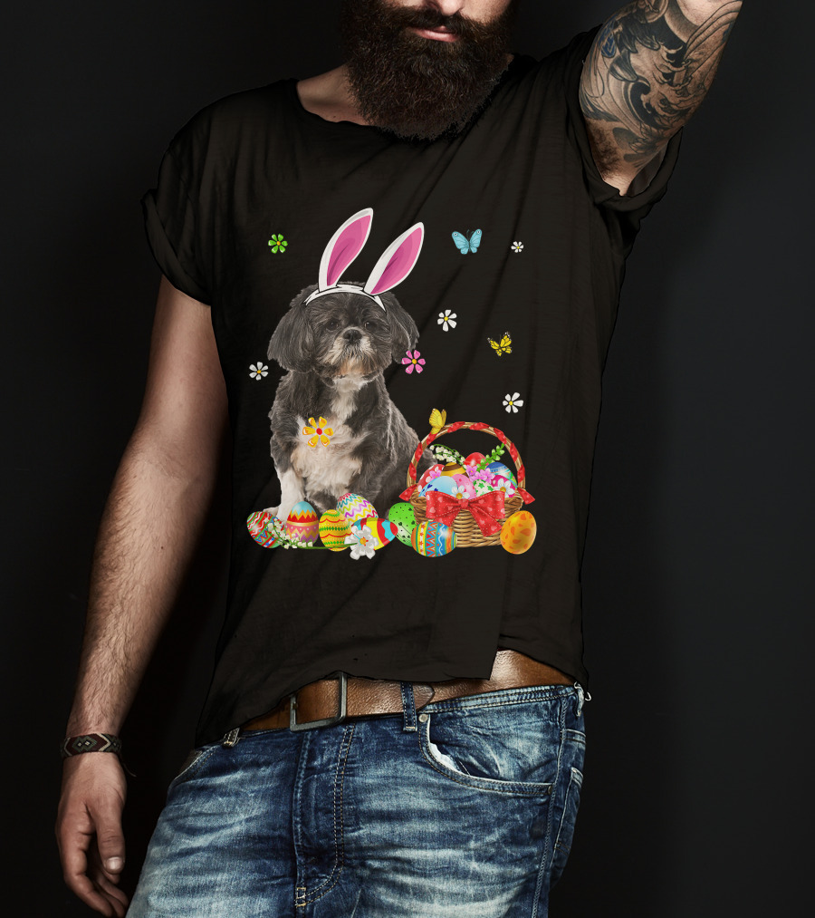 Shih Tzu Happy Easter Dog Lover Bunny Ears And Easter Egg Basket T-Shirt