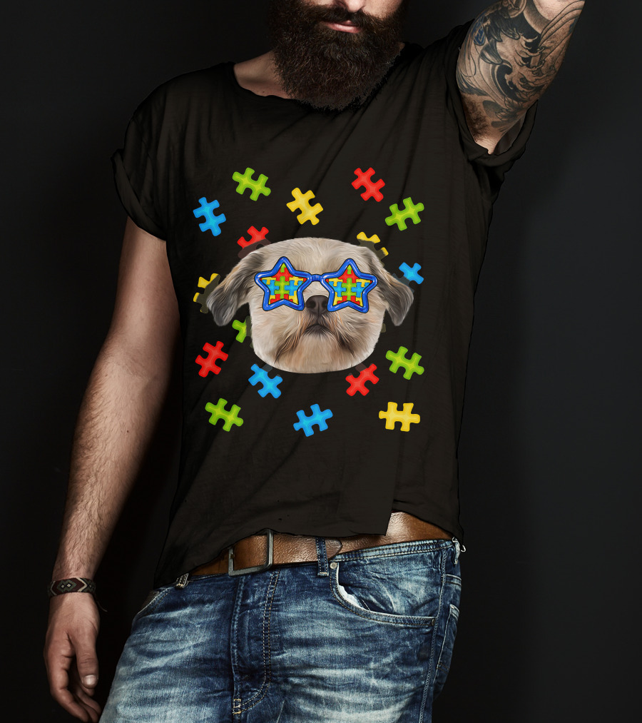 Shih Tzu Puppies Autism Puzzle Star Sunglasses T-Shirt