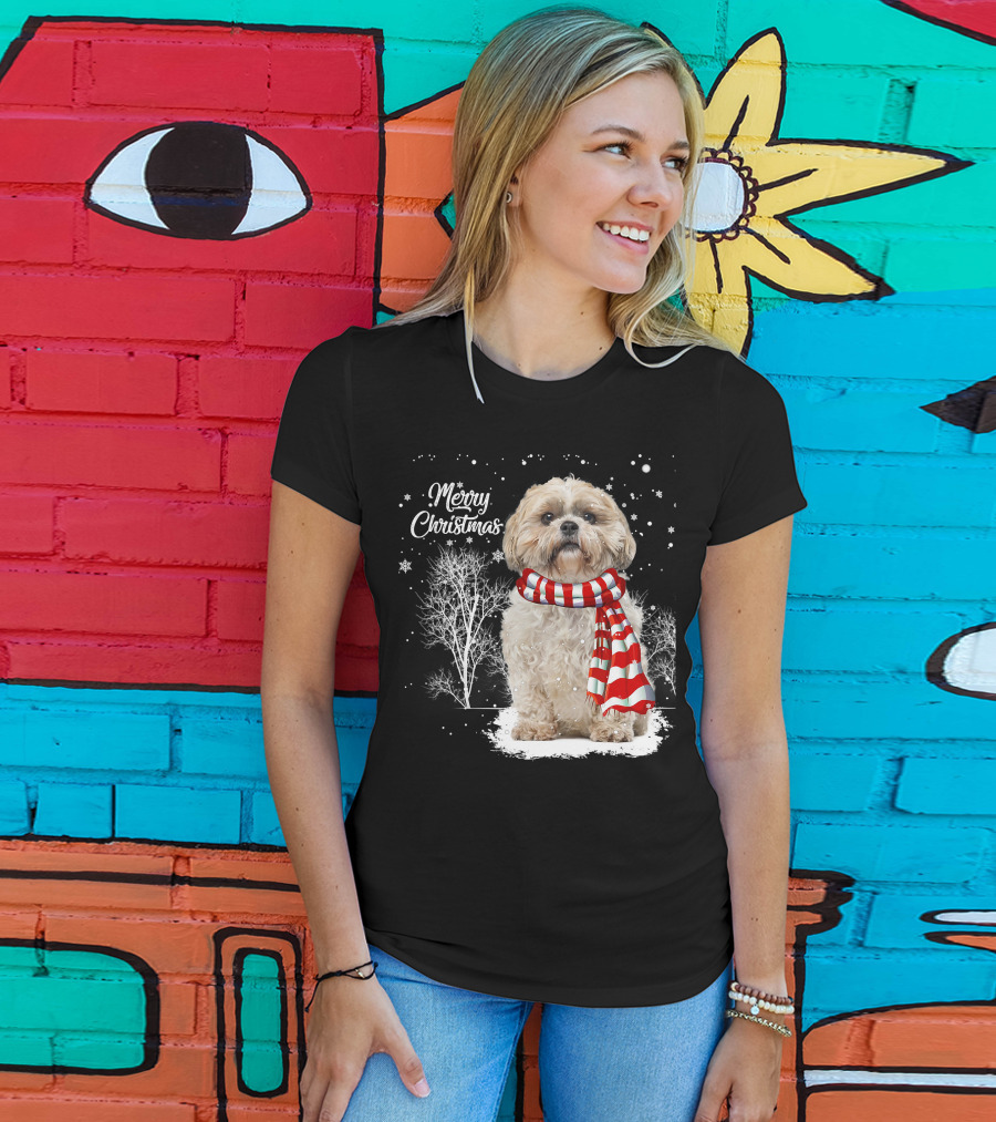 Shih Tzu Christmas Puppy Dog Lover Family Mat With Festive Scarf Snowflakes And Winter Trees T-Shirt