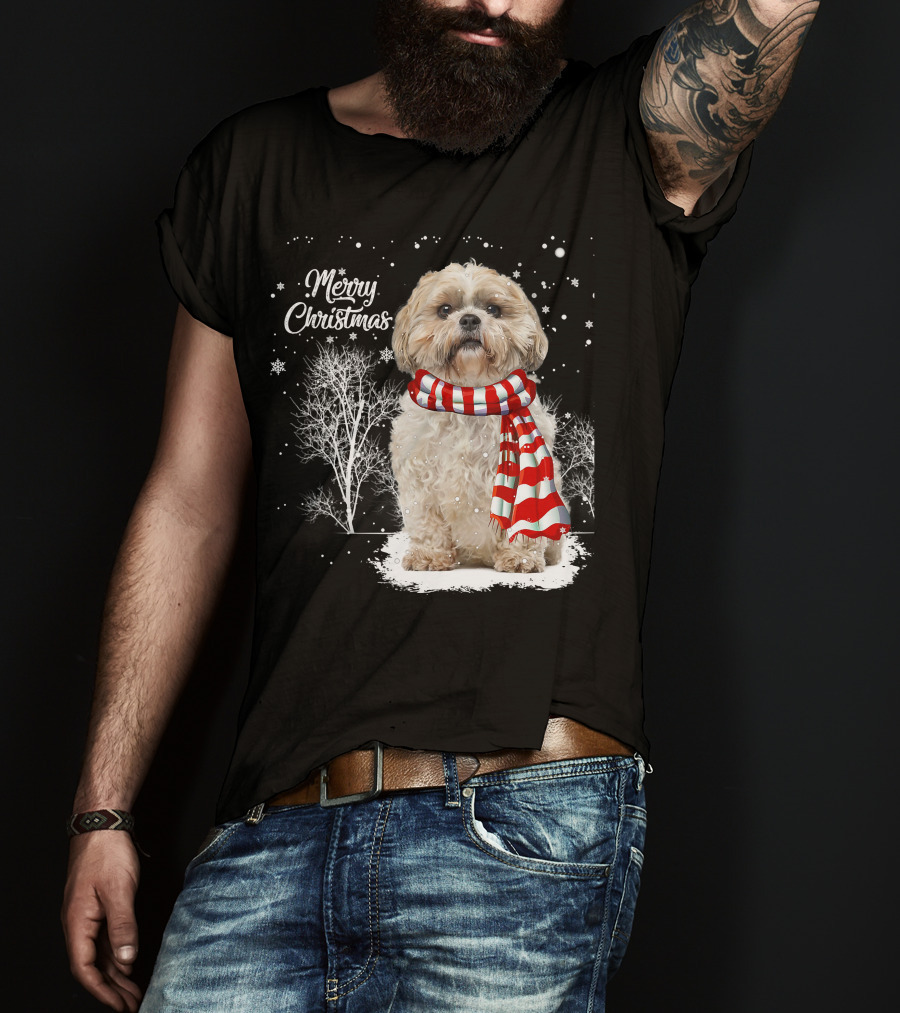 Shih Tzu Christmas Puppy Dog Lover Family Mat With Festive Scarf Snowflakes And Winter Trees T-Shirt