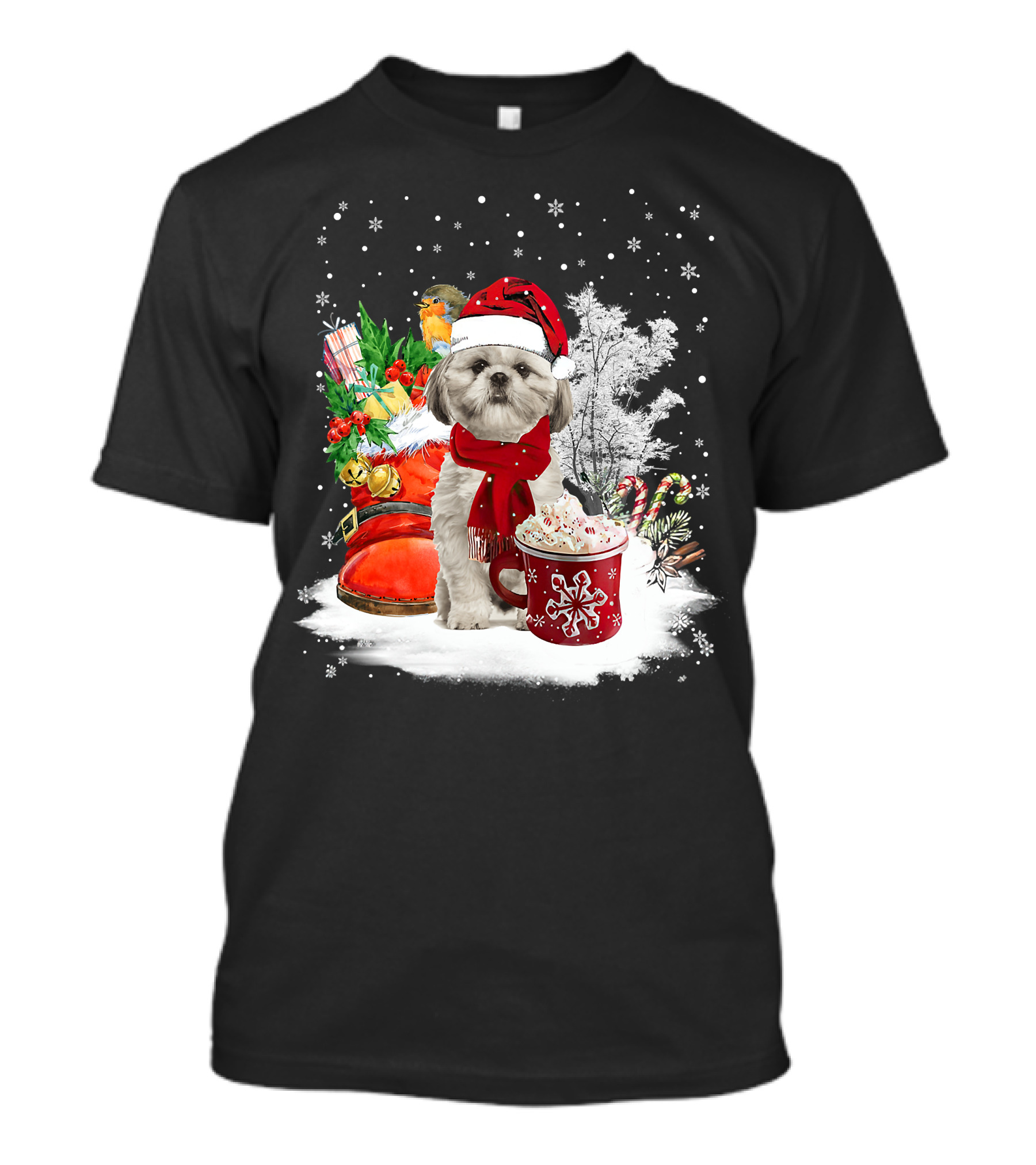 Shih Tzu Dog Santa Hat Hot Cocoa Christmas Scene T-Shirt