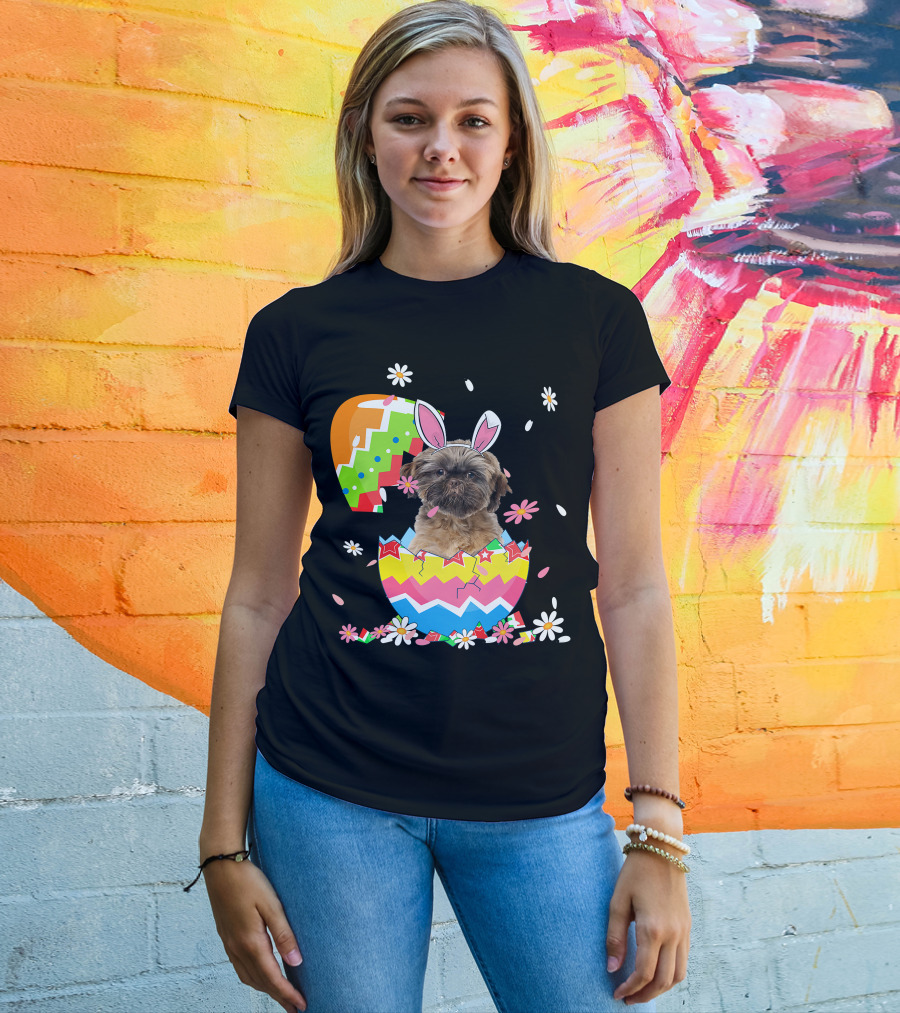 Cute Shih Tzu Easter Day Dog Dad Dog Mom With Bunny Ears And Colorful Egg T-Shirt