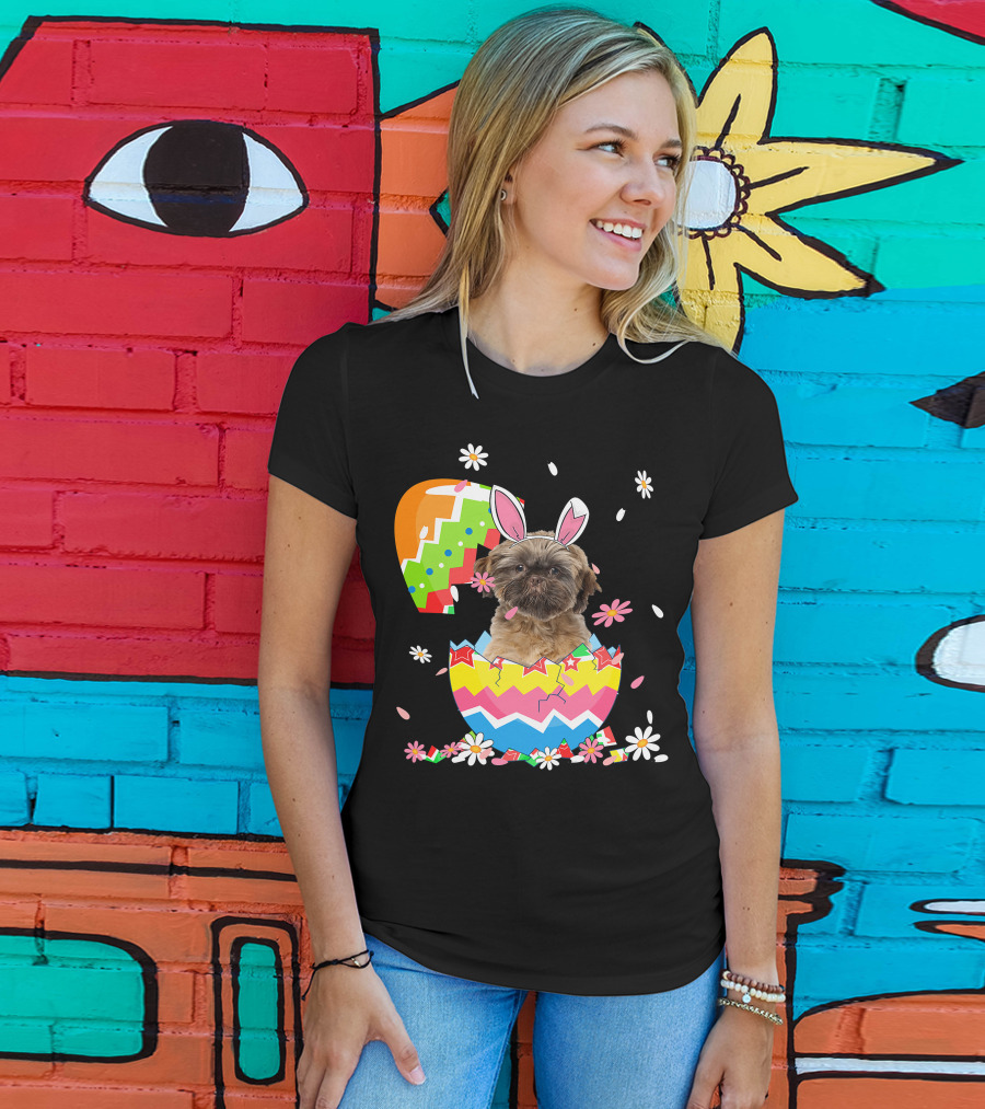 Cute Shih Tzu Easter Day Dog Dad Dog Mom With Bunny Ears And Colorful Egg T-Shirt