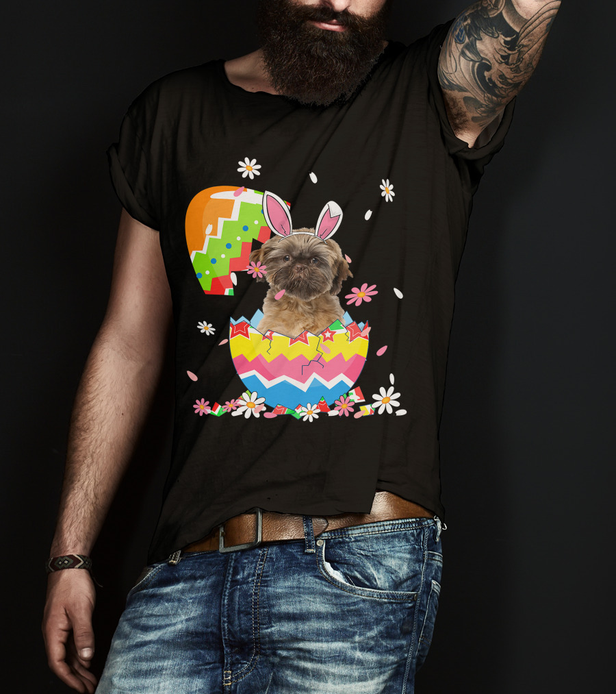 Cute Shih Tzu Easter Day Dog Dad Dog Mom With Bunny Ears And Colorful Egg T-Shirt