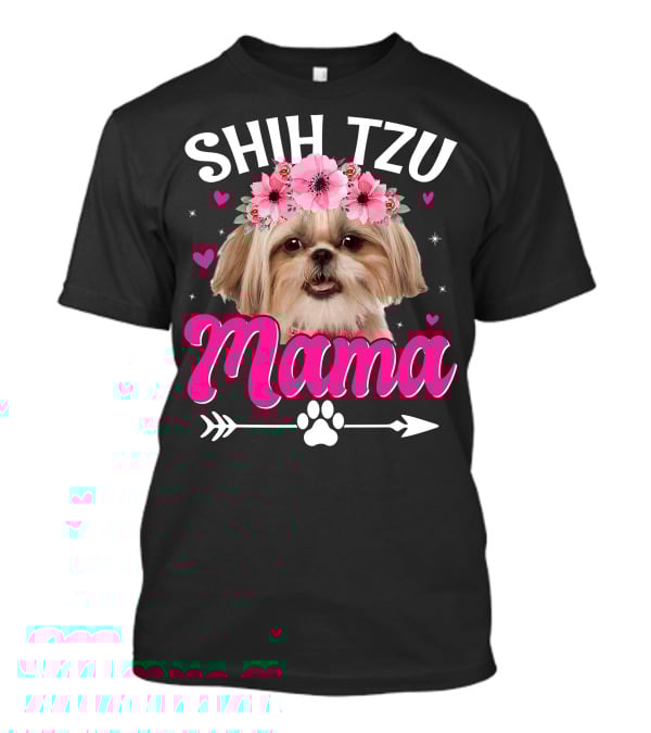 Shih Tzu Mama With Flower Crown Hearts T-Shirt