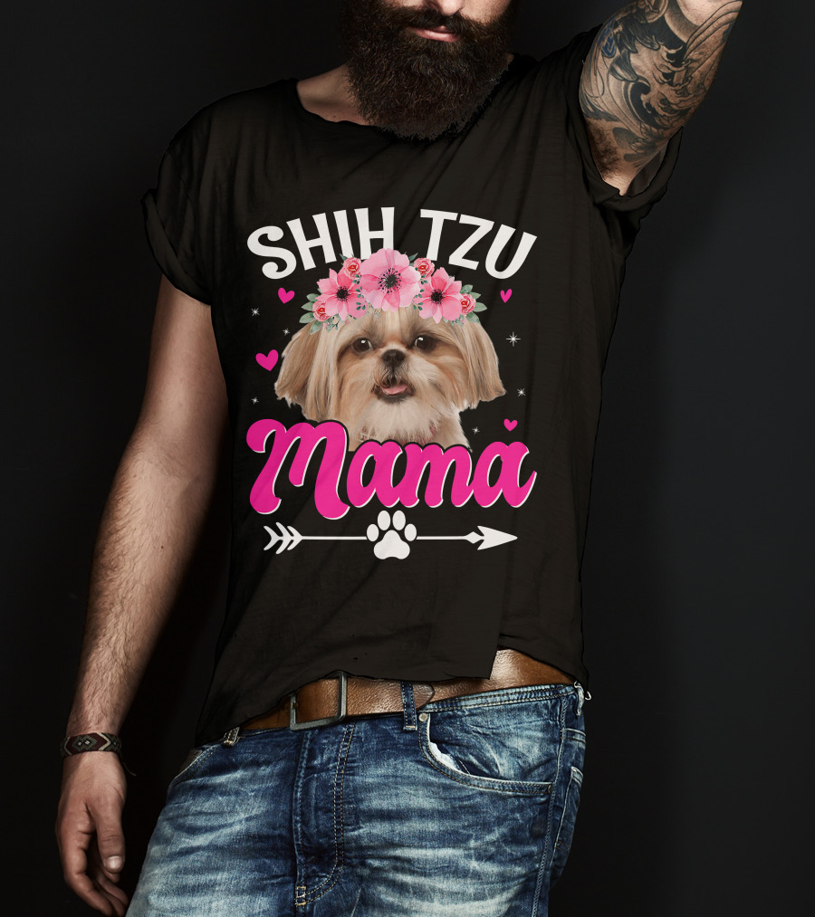 Shih Tzu Mama With Flower Crown Hearts T-Shirt