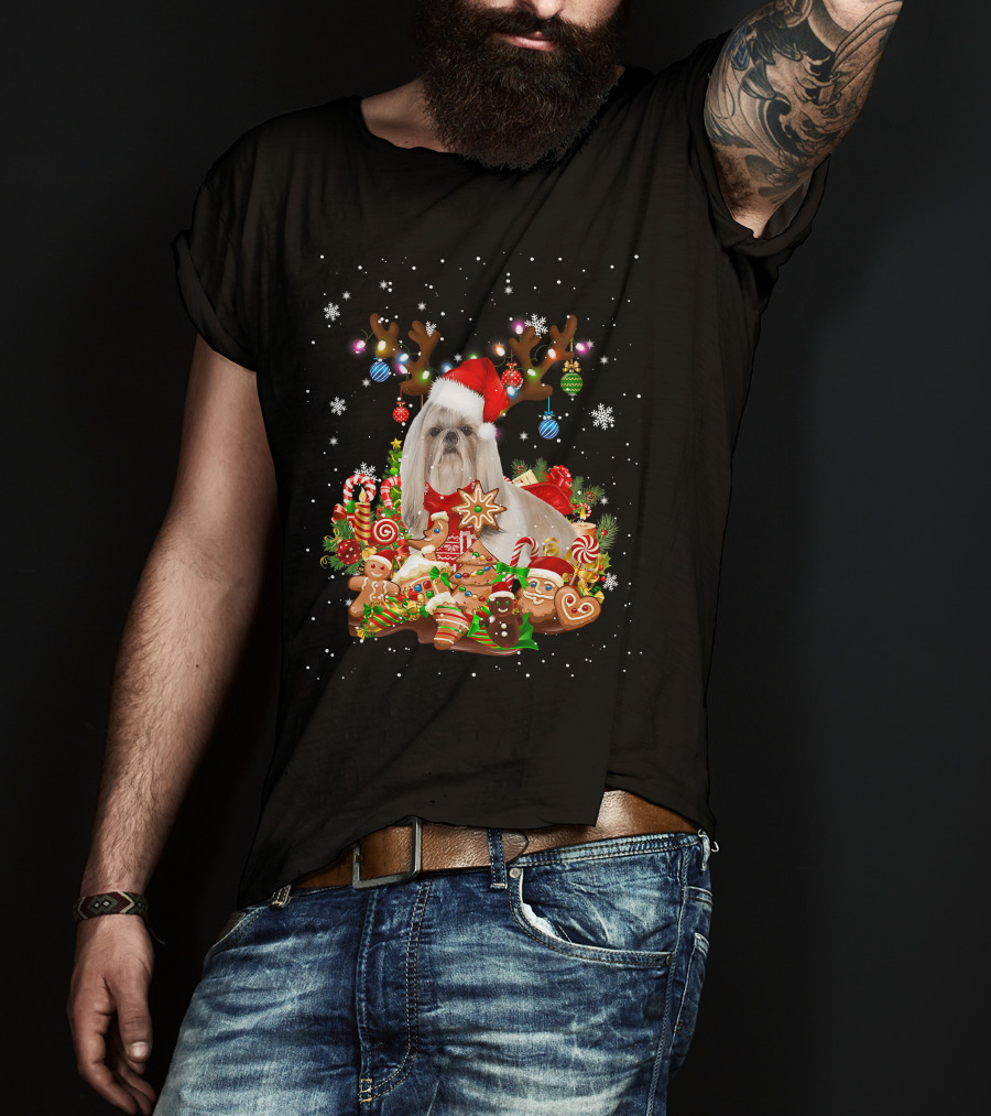 Cute Shih Tzu Reindeer Christmas Lighting Santa Xm Gingerbread Candy Cane Ornaments T-Shirt