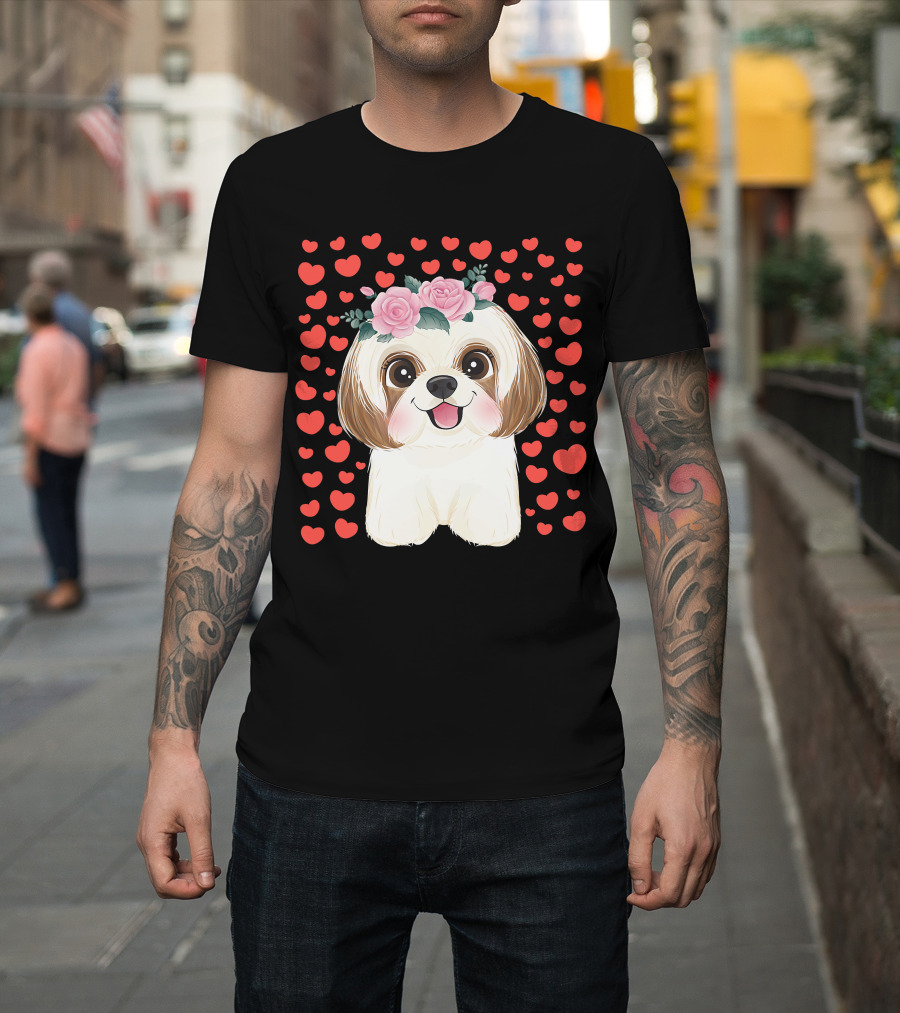 Cute Shih Tzu Valentine's Day Red Hearts Dog Flowers T-Shirt