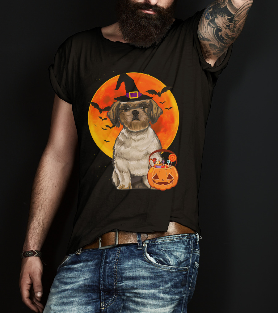 Shih Tzu Dog Halloween Jack O Lantern Pumpkin With Bats And Witch Hat T-Shirt