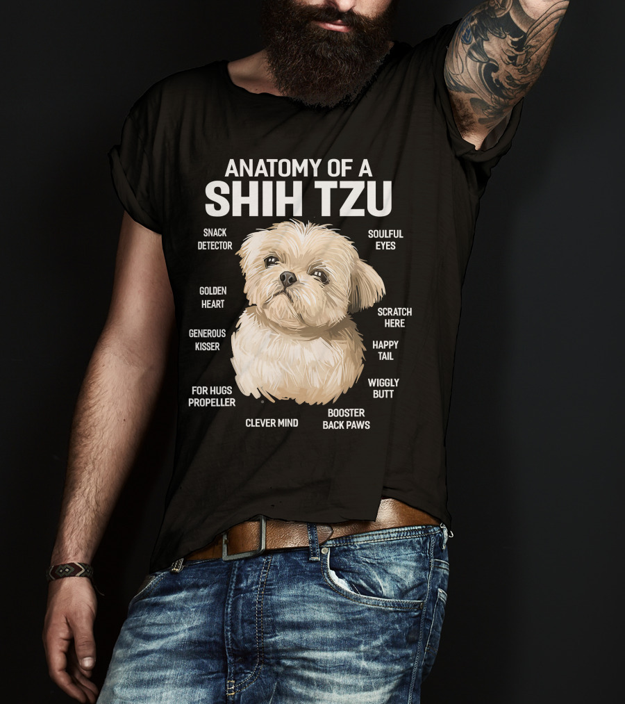 Anatomy Of A Shih Tzu Dog 365 Fluff Button Snowball Feature Cuddle Zone Pillow Tail Black Button Sniffer Ears Pom Pom Paws Wookie Chewbacca Eyes T-Shirt
