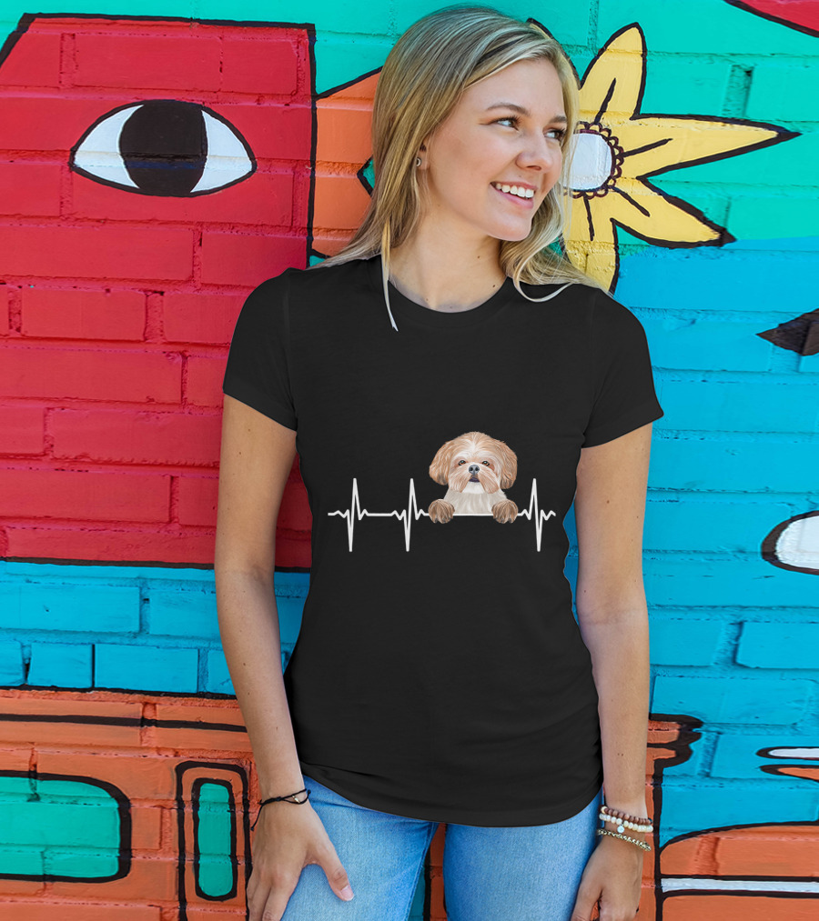 Heartbeat Line With Cute Shih Tzu Illustration For Funny Dog Lovers T-Shirt