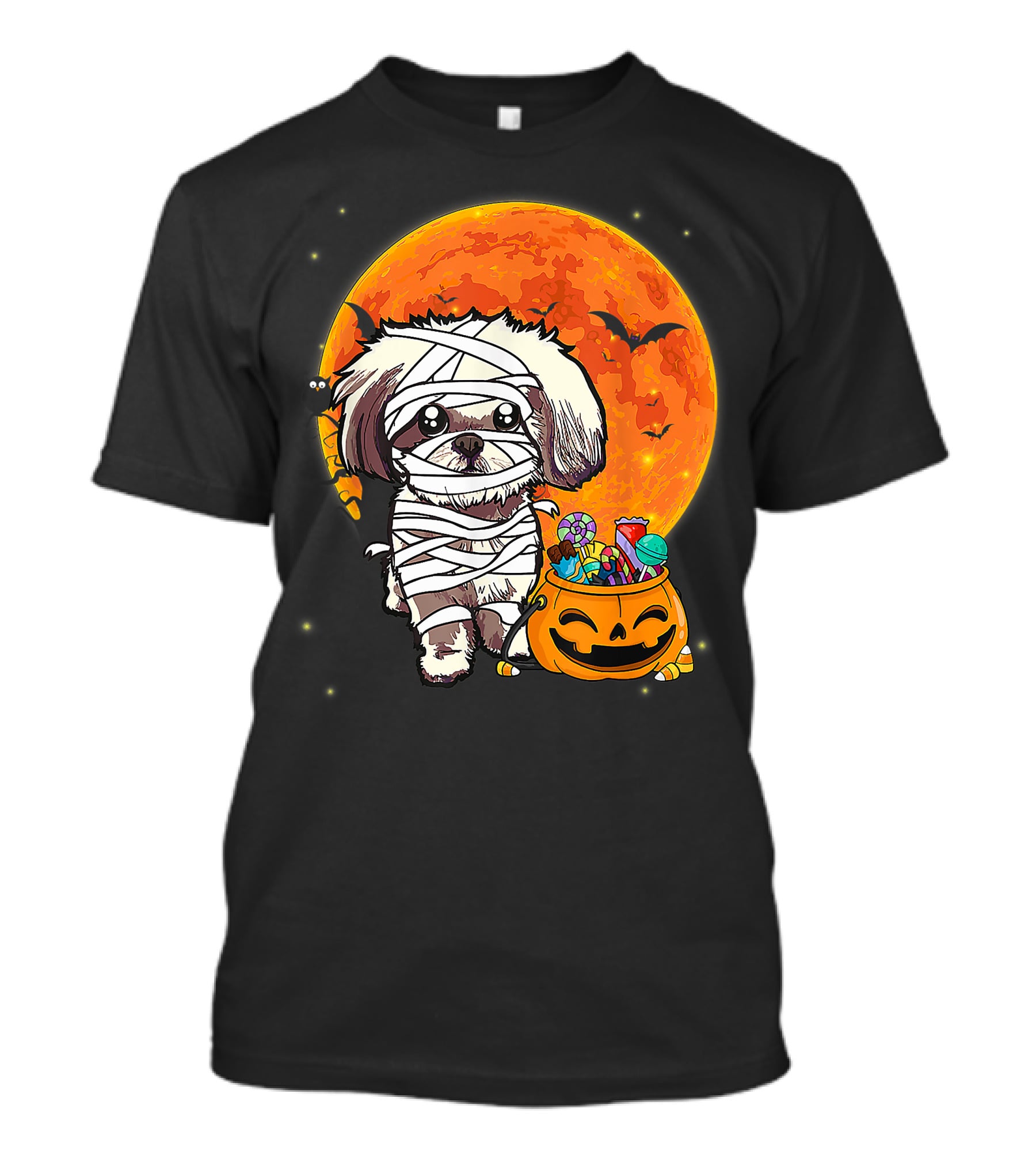 Shih Tzu Mummy Halloween Costume With Pumpkin Candy Bucket And Full Moon T-Shirt