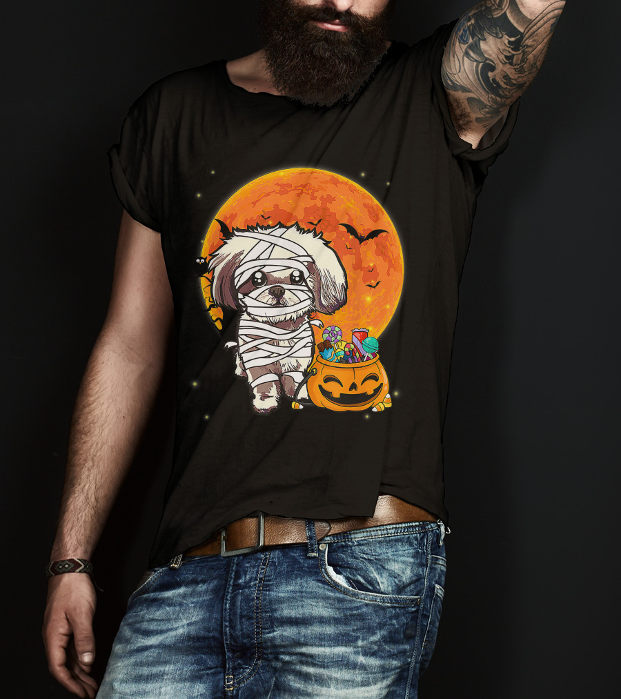 Shih Tzu Mummy Halloween Costume With Pumpkin Candy Bucket And Full Moon T-Shirt