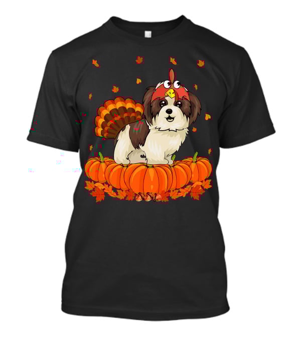 Shih Tzu Dressed As Turkey With Pumpkins And Autumn Leaves Thanksgiving Fun T-Shirt