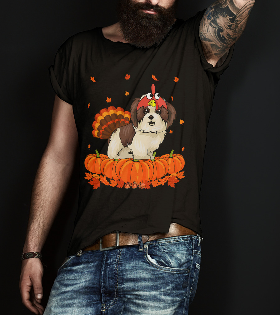 Shih Tzu Dressed As Turkey With Pumpkins And Autumn Leaves Thanksgiving Fun T-Shirt