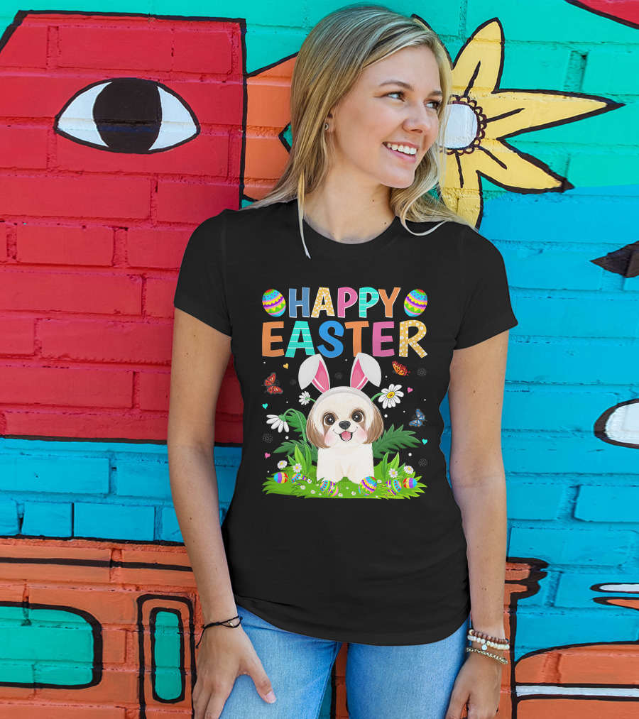 Happy Easter Bunny Shih Tzu Dog With Easter Eggs And Butterflies T-Shirt