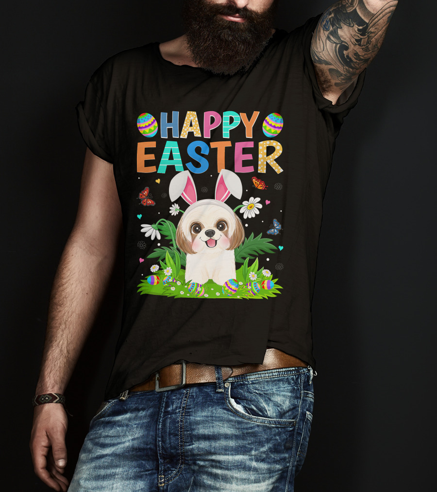 Happy Easter Bunny Shih Tzu Dog With Easter Eggs And Butterflies T-Shirt