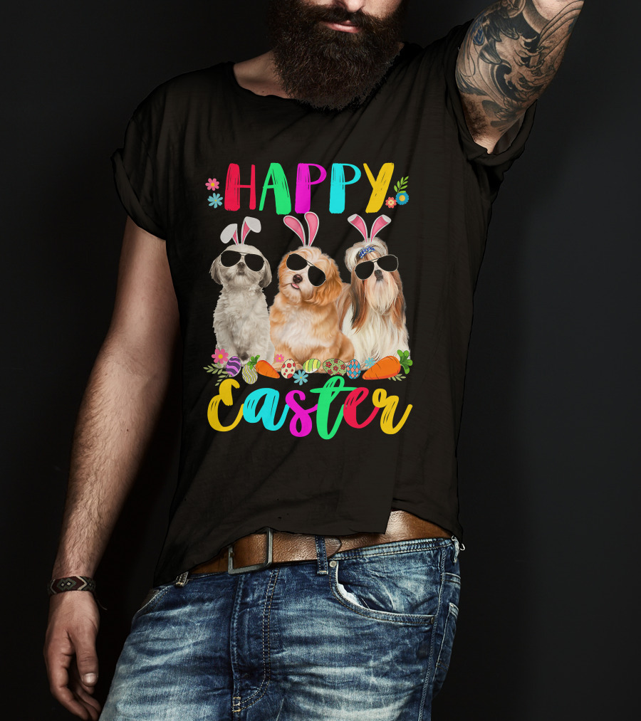 Happy Easter Three Shih Tzu Dogs With Bunny Ears And Sunglasses Eggs Carrots T-Shirt
