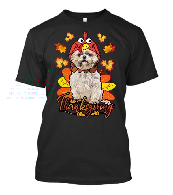 Happy Thanksgiving Shih Tzu Dog In Turkey Costume With Autumn Leaves T-Shirt