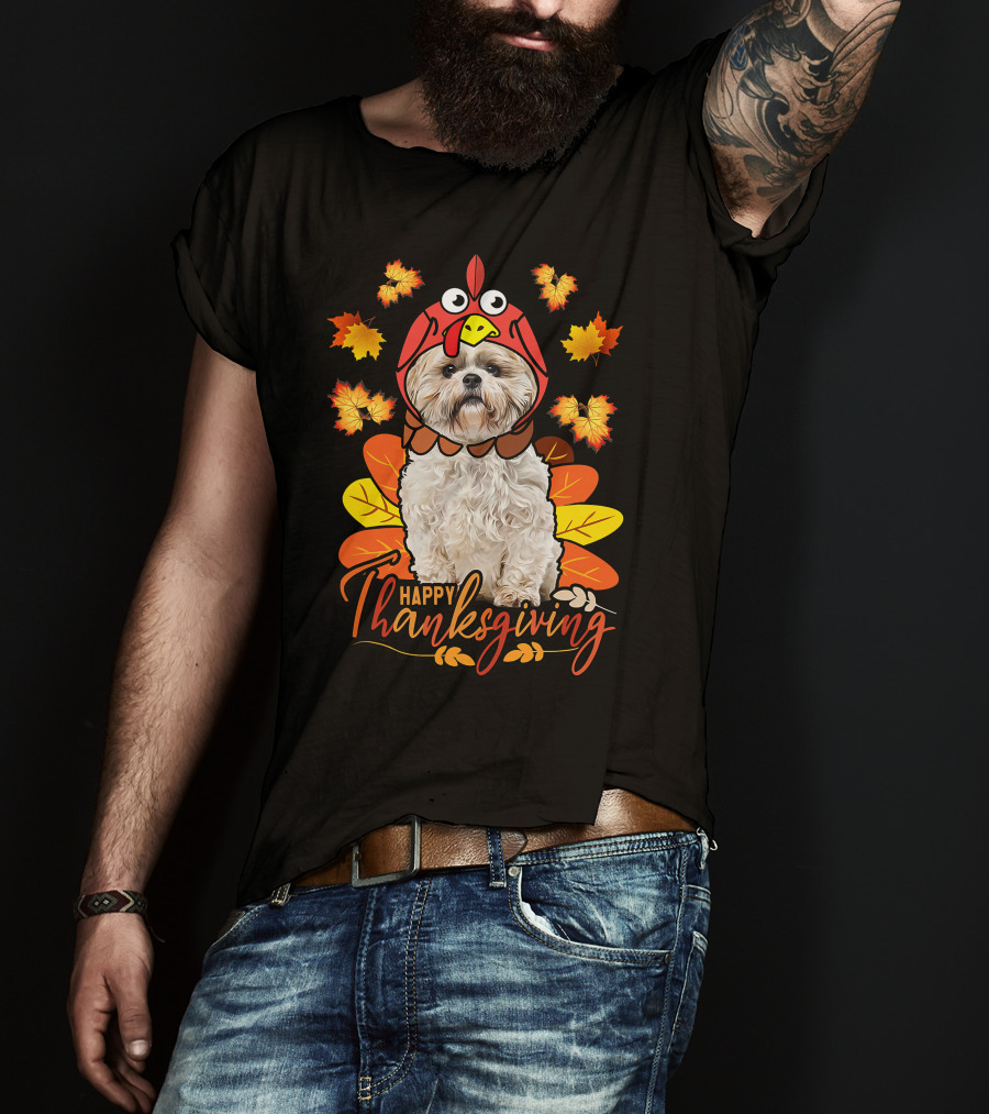Happy Thanksgiving Shih Tzu Dog In Turkey Costume With Autumn Leaves T-Shirt