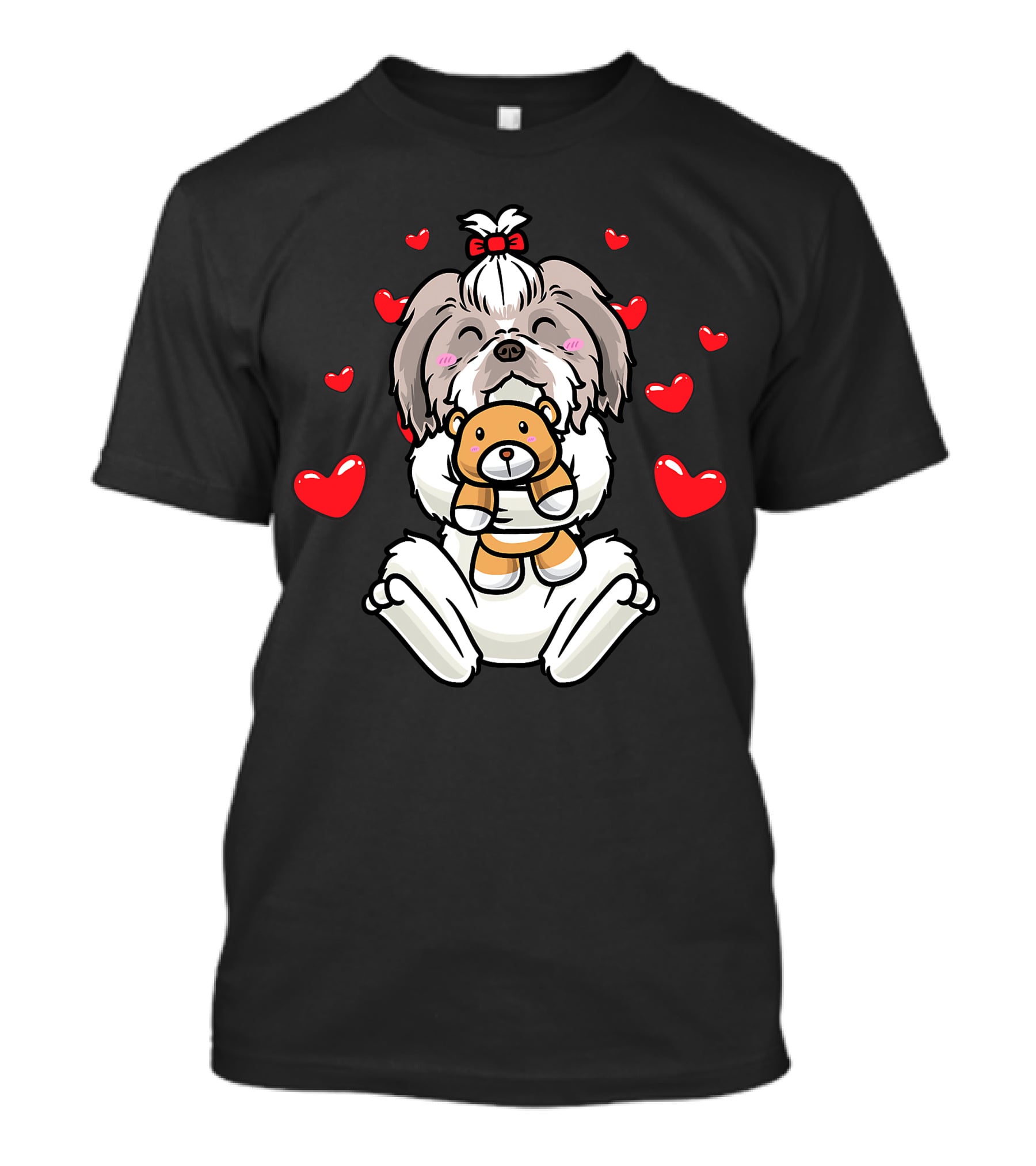 Kawaii Shih Tzu Holding Stuffed Animal Surrounded By Hearts T-Shirt