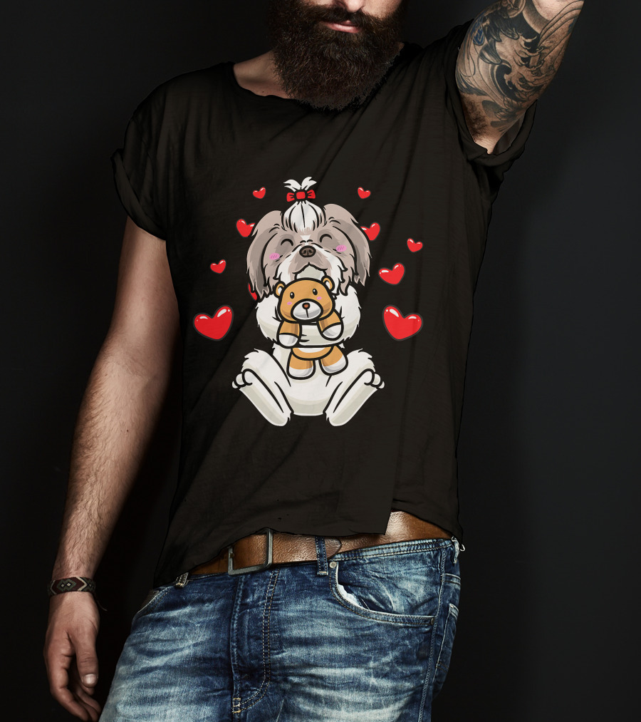 Kawaii Shih Tzu Holding Stuffed Animal Surrounded By Hearts T-Shirt
