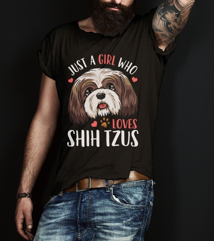 Just A Girl Who Loves Shih Tzus With Cute Heart Paw Print Kids T-Shirt