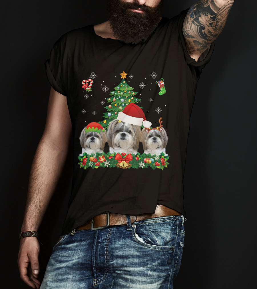 Merry Dogmas Shih Tzu Santa Elf Reindeer Christmas Tree T-Shirt
