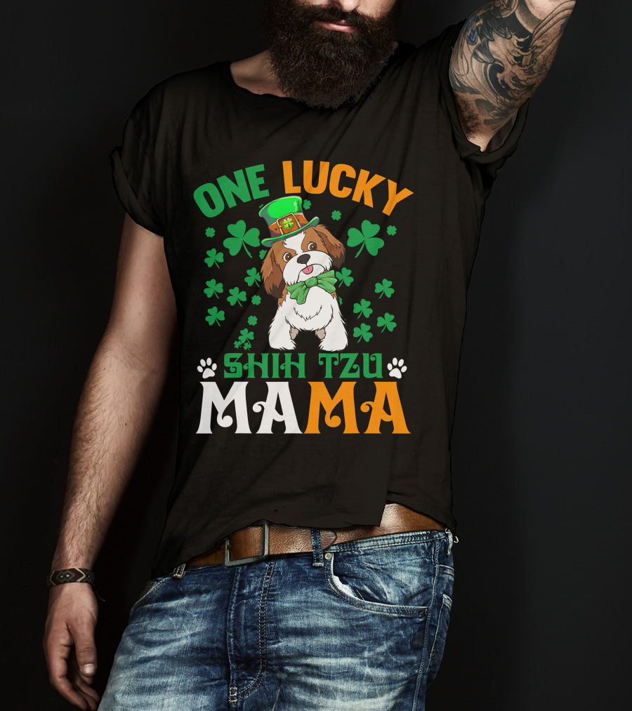 One Lucky Shih Tzu Mama St Patricks Day Green Hat Shamrocks T-Shirt