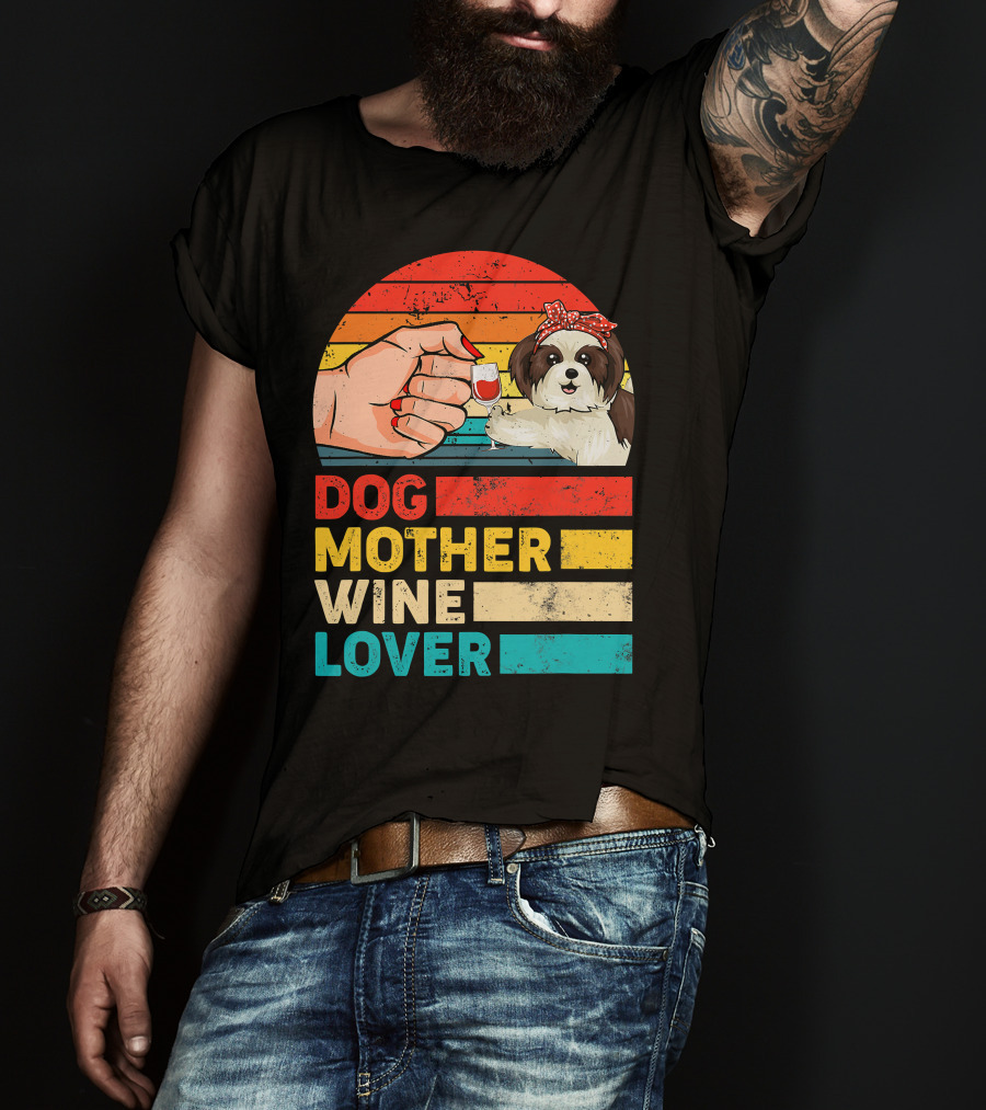 Dog Mother Wine Lover Shih Tzu Retro T-Shirt