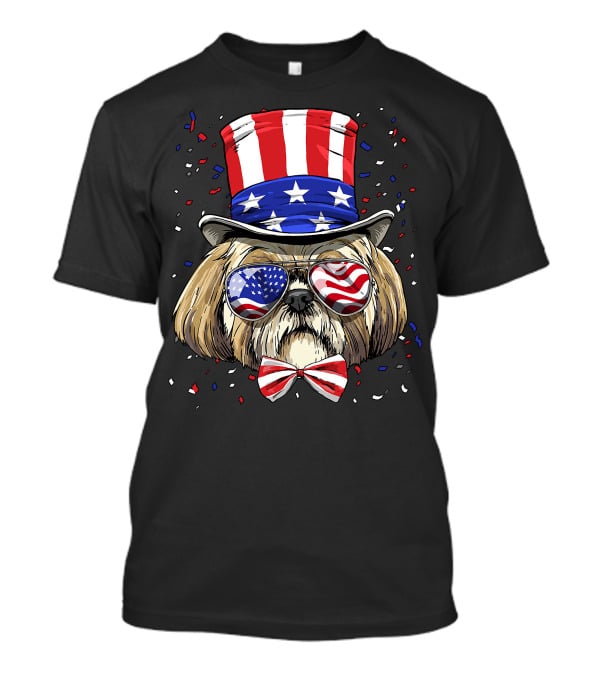 Shih Tzu Fourth Of July American Dog In USA Flag Hat And Glasses T-Shirt