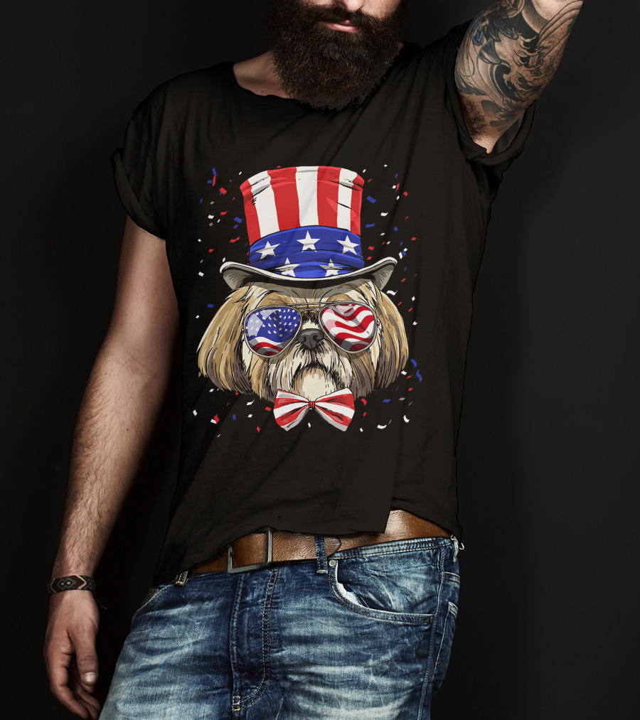 Shih Tzu Fourth Of July American Dog In USA Flag Hat And Glasses T-Shirt