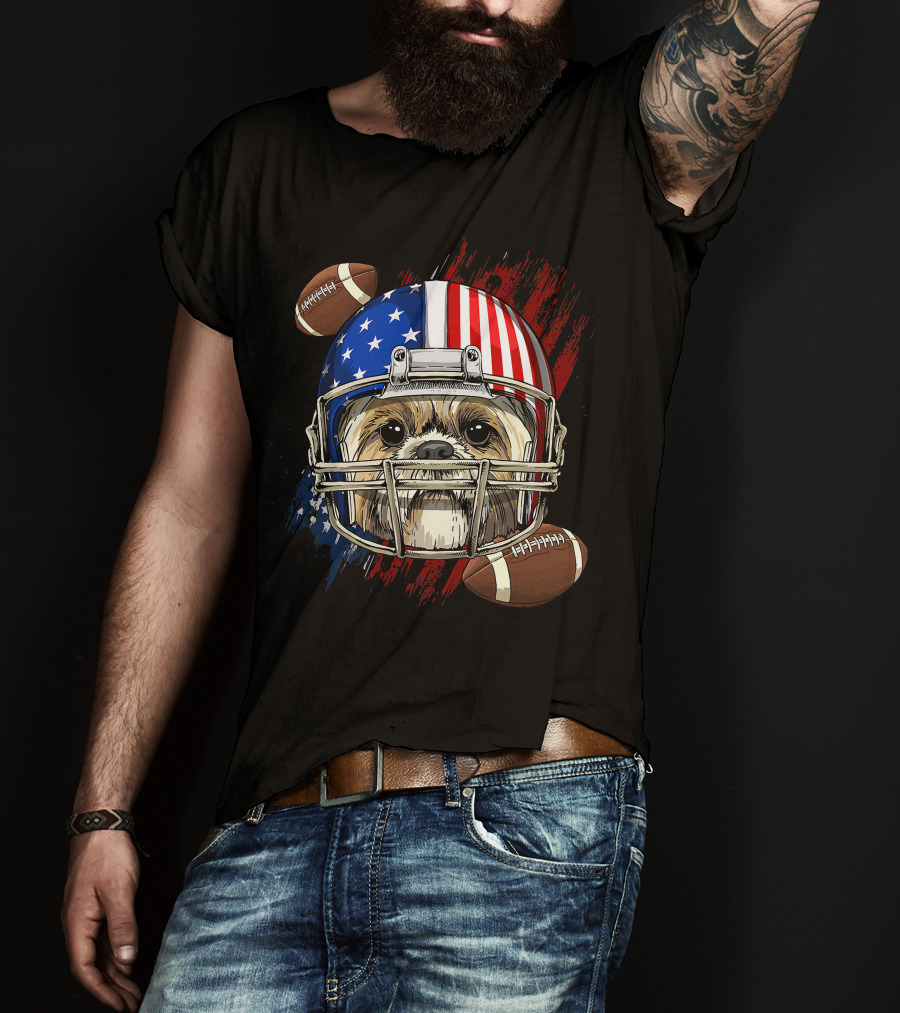 Shih Tzu In American Football Helmet With USA Flag And Footballs T-Shirt