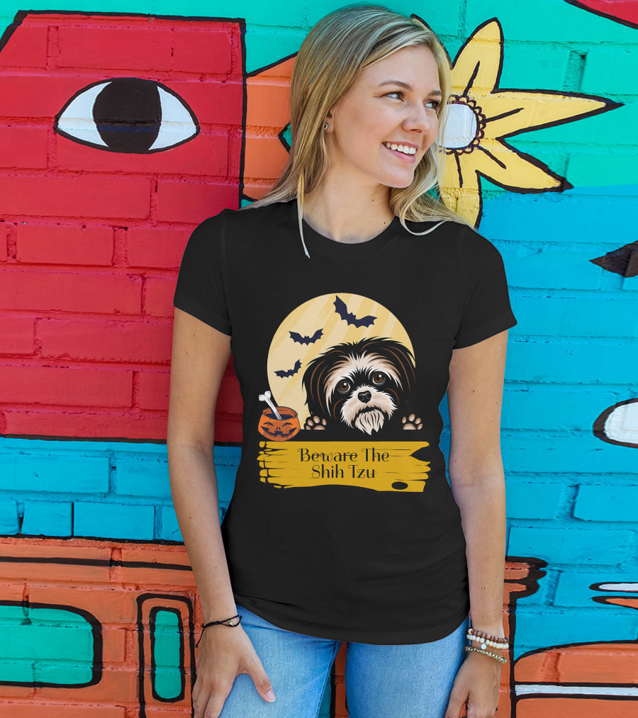 Beware The Shih Tzu Halloween Bats Moon Pumpkin T-Shirt