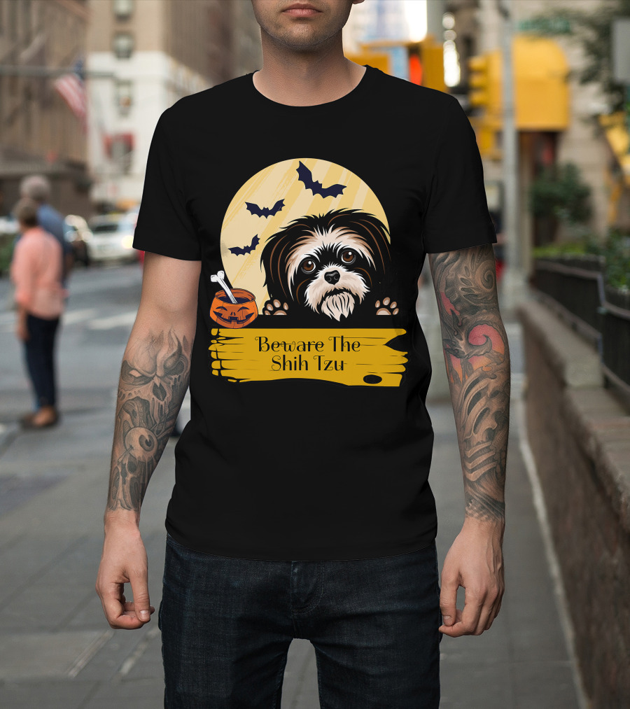 Beware The Shih Tzu Halloween Bats Moon Pumpkin T-Shirt