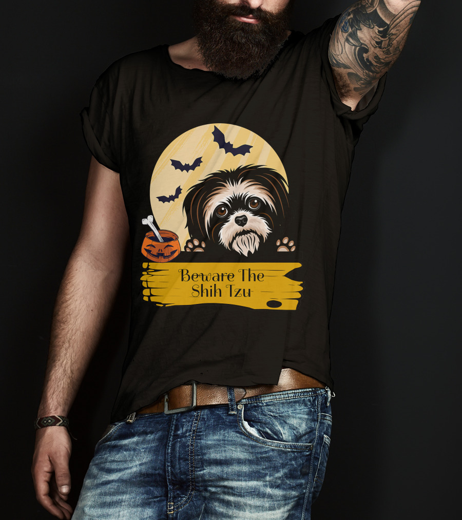 Beware The Shih Tzu Halloween Bats Moon Pumpkin T-Shirt