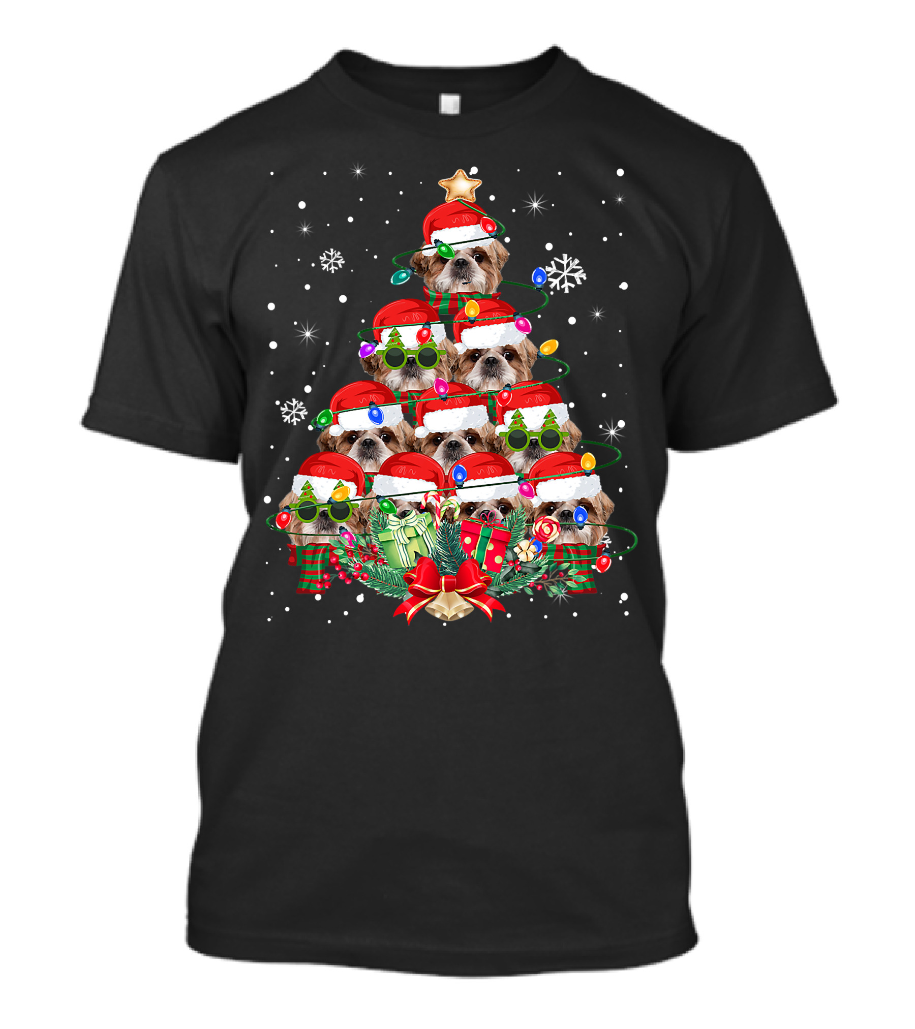 Shih Tzu Christmas Tree With Santa Hats And Lights Family Pajamas T-Shirt