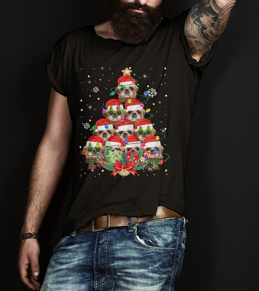 Shih Tzu Christmas Tree With Santa Hats And Lights Family Pajamas T-Shirt