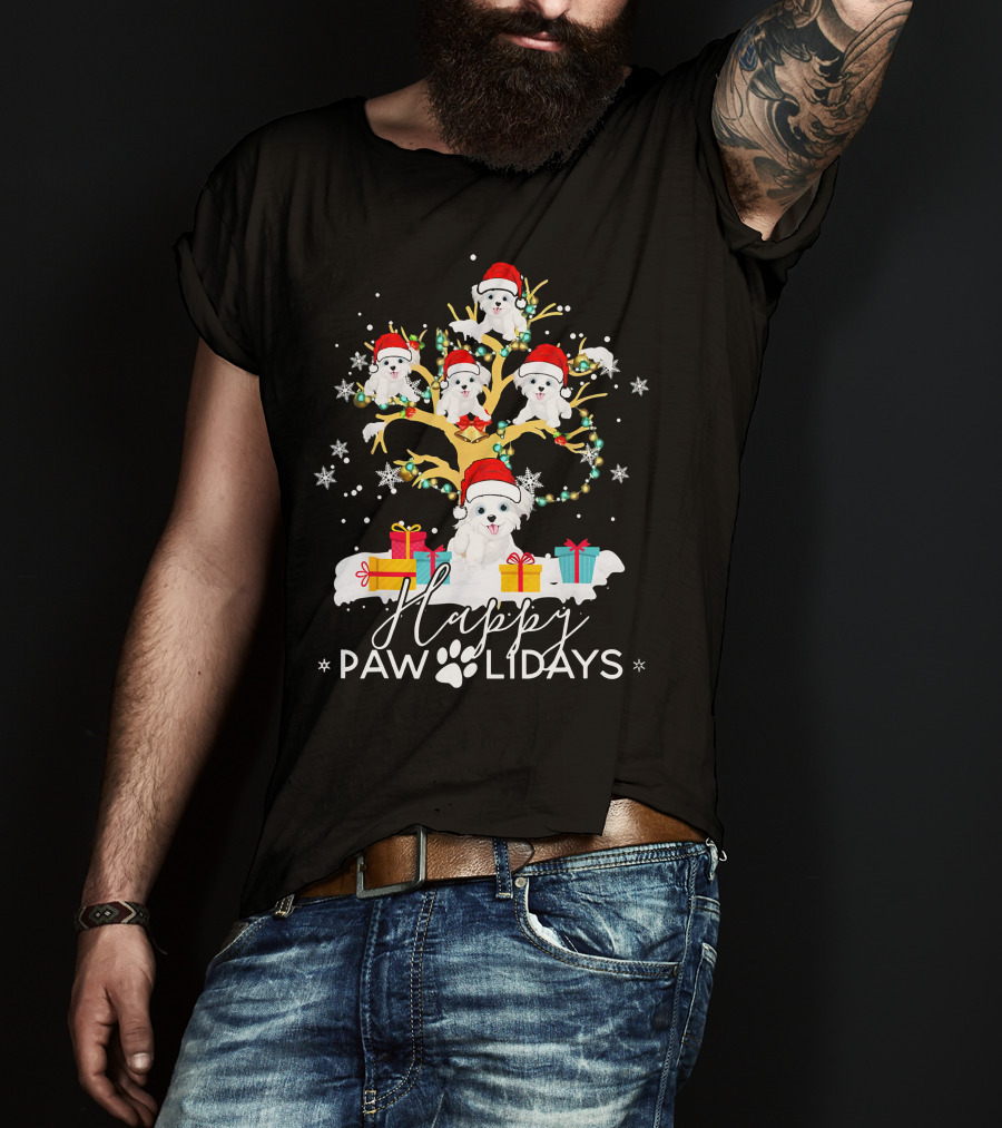 Shih Tzu Christmas Tree Santa Hat Lights Presents Happy Paw Holidays T-Shirt