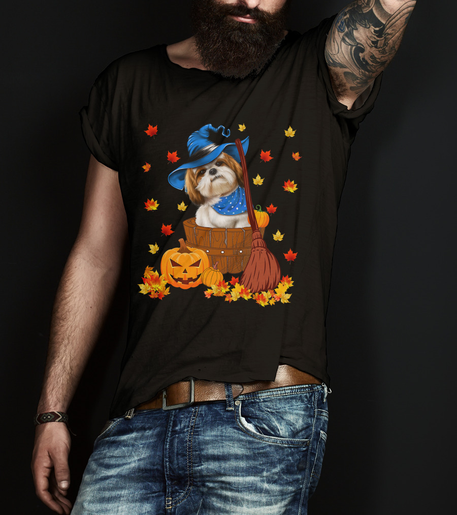 Shih Tzu Dog In Witch Hat Surrounded By Pumpkins And Leaves For Halloween T-Shirt