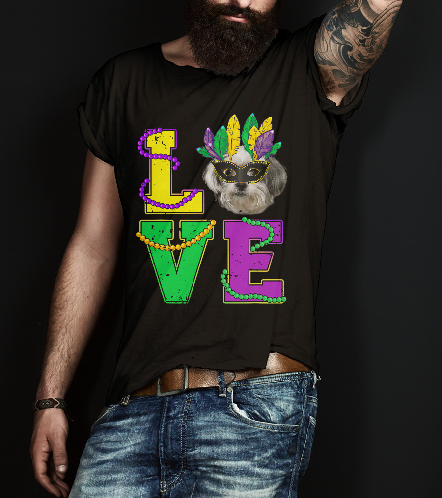 Shih Tzu Puppy Love Mardi Gras Beads Mask T-Shirt