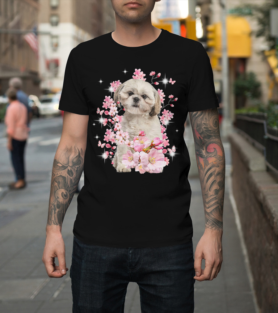 Shih Tzu Dog Sakura Japanese Cherry Blossom T-Shirt