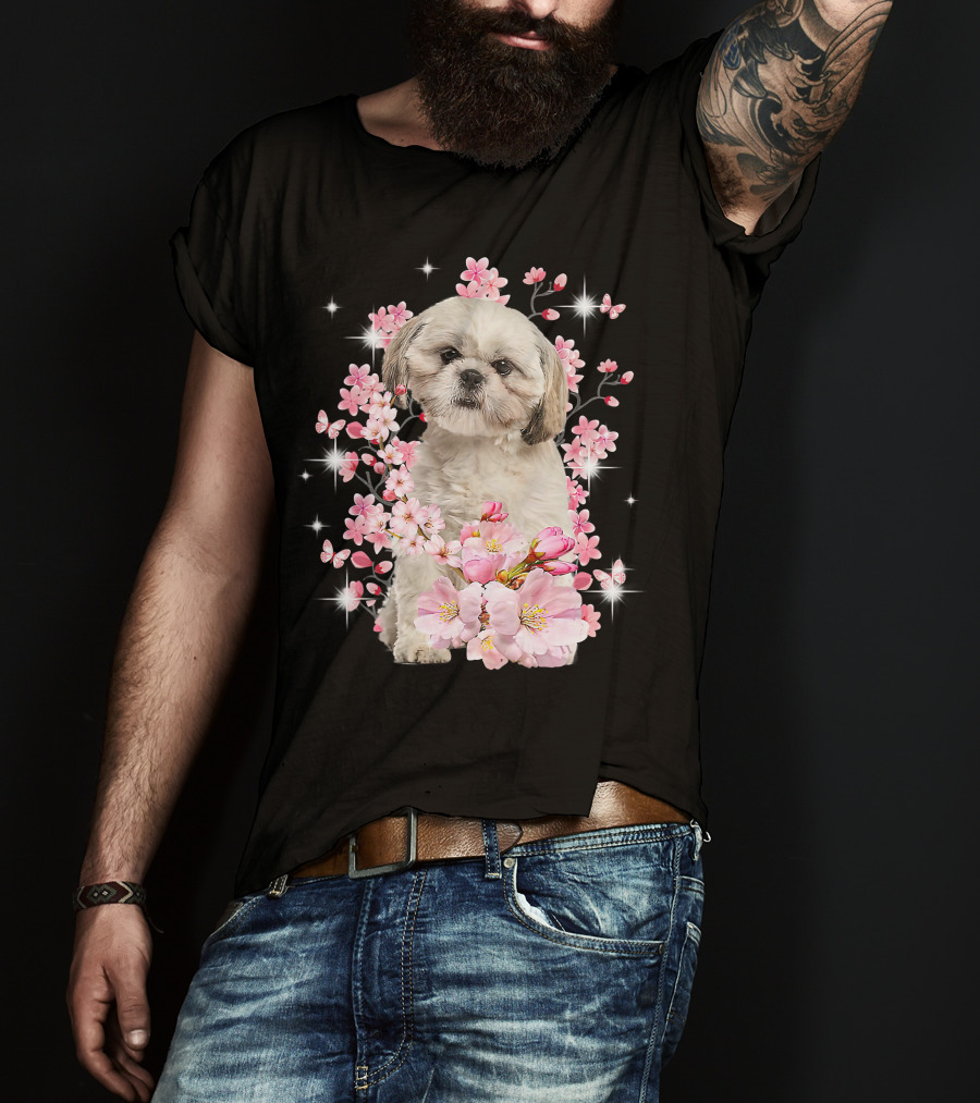 Shih Tzu Dog Sakura Japanese Cherry Blossom T-Shirt
