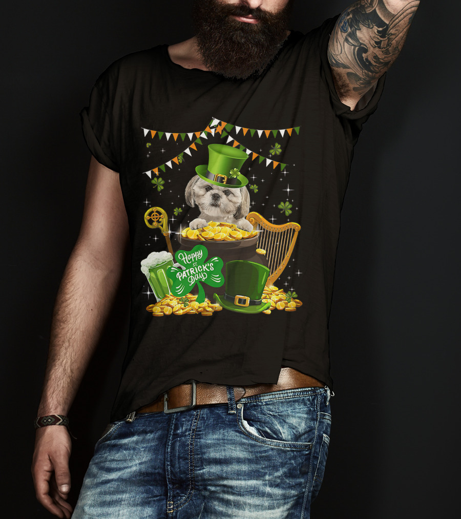 Happy St Patrick's Day Shih Tzu Dogs Lover Funny Irish Shamrock Hat T-Shirt