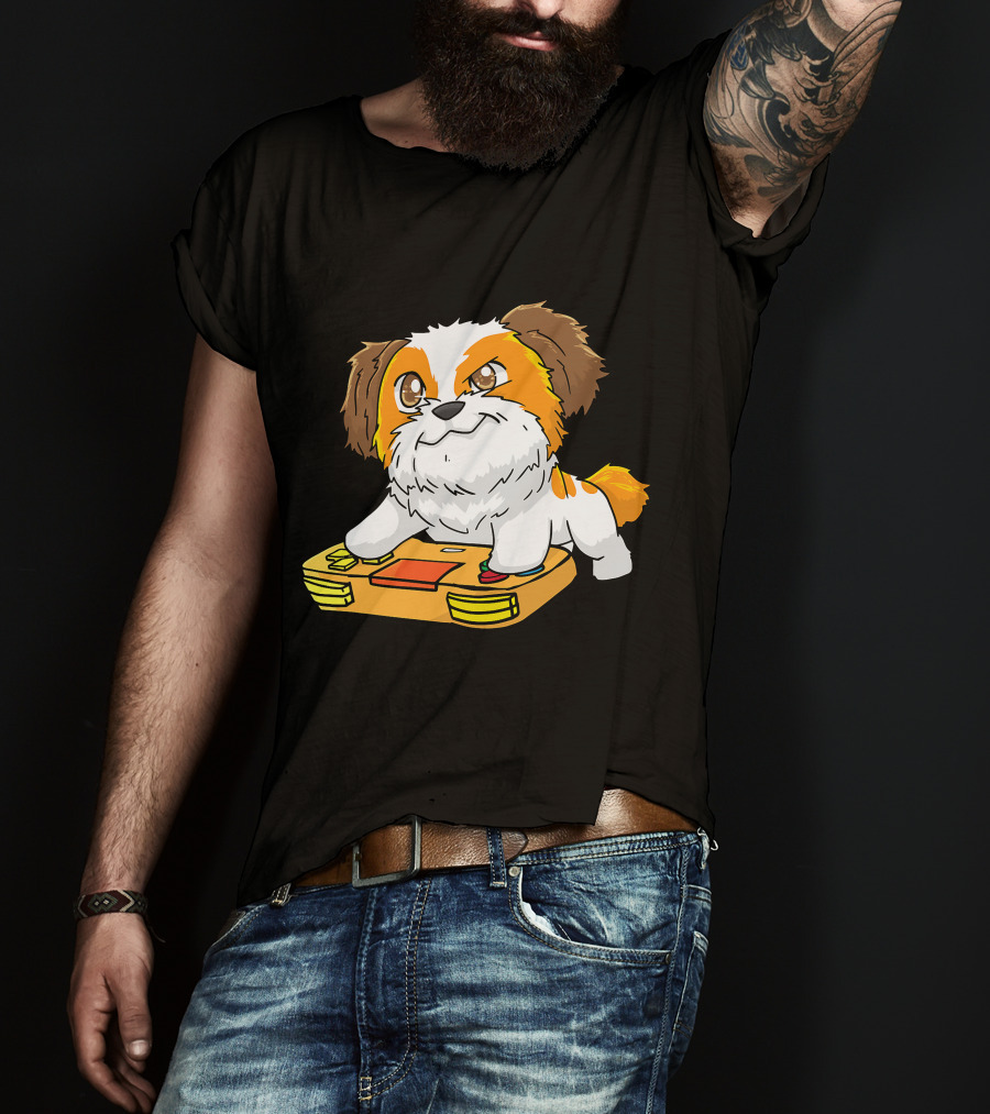 Shih Tzu Kawaii Dog Playing Video Game For Gamers And Dog Lovers T-Shirt