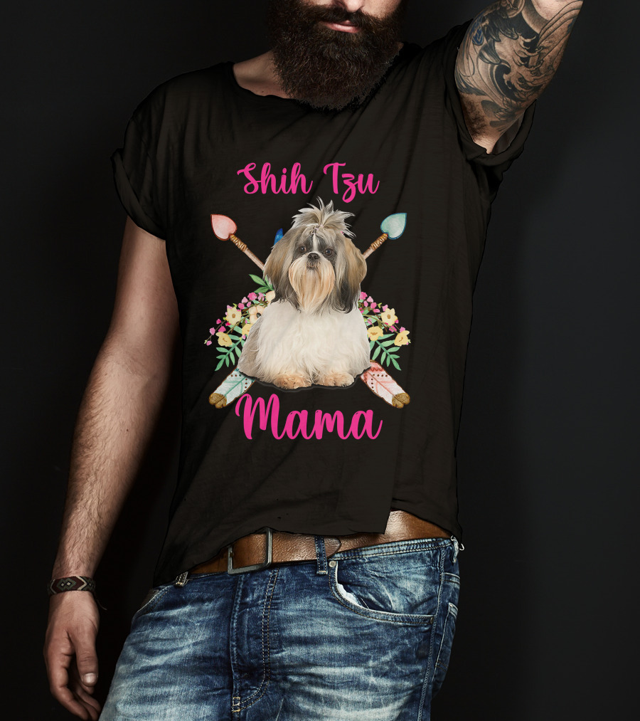 Shih Tzu Mama Cute Mama Dog Lover With Floral And Arrow Accents T-Shirt