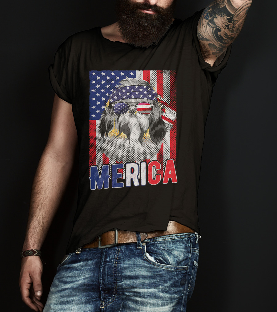 Shih Tzu Merica USA American Flag Patriotic Boys 4 Glasses Headband Stars Stripes T-Shirt
