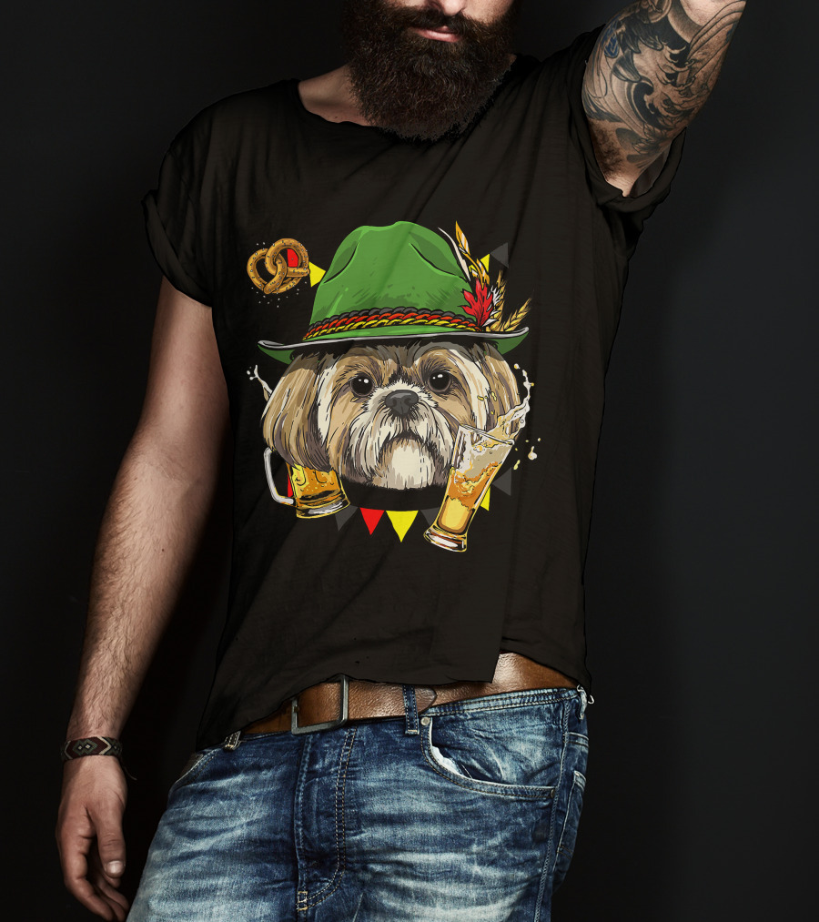 Shih Tzu Oktoberfest Dog With Lederhosen Hat And Beer German Pretzel T-Shirt