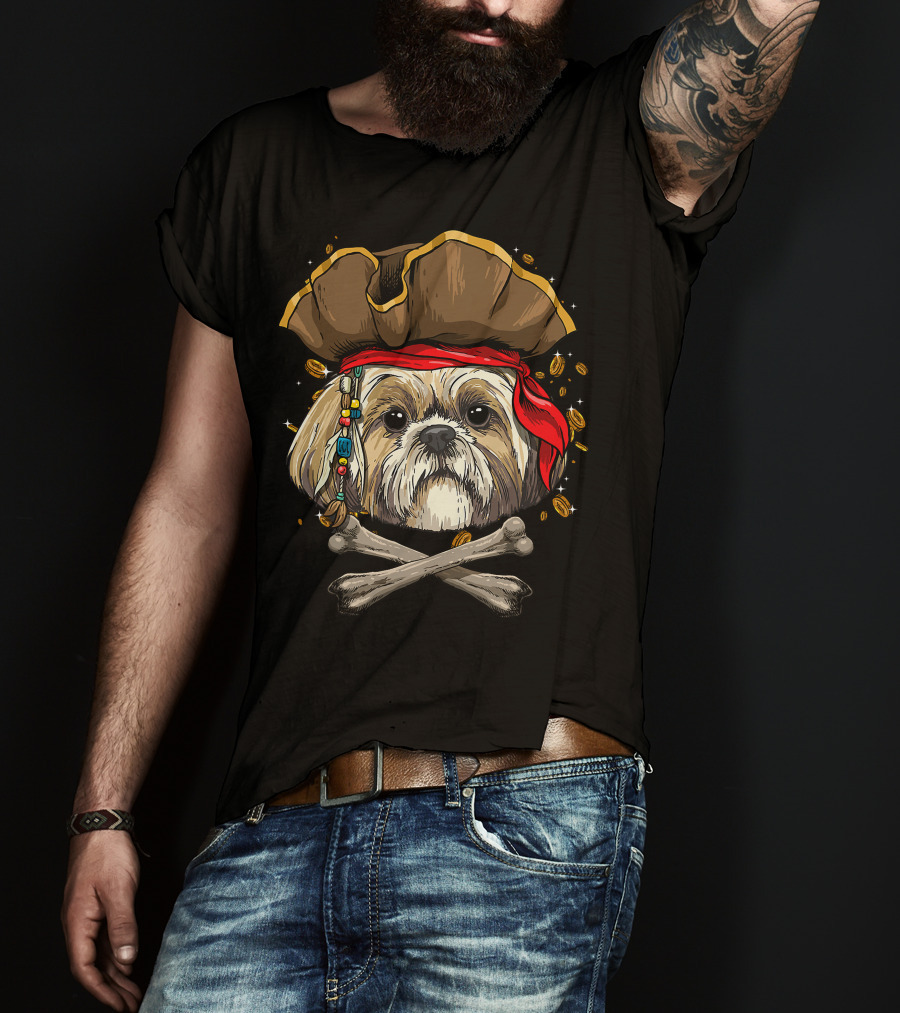 Shih Tzu Pirate Dog Jolly Roger Halloween With Skull And Crossbones T-Shirt